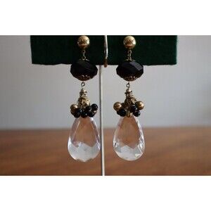 Black Bead Dangle Drop Large Crystal Rhinestones Pierced Earrings Gold Tone ~4"
